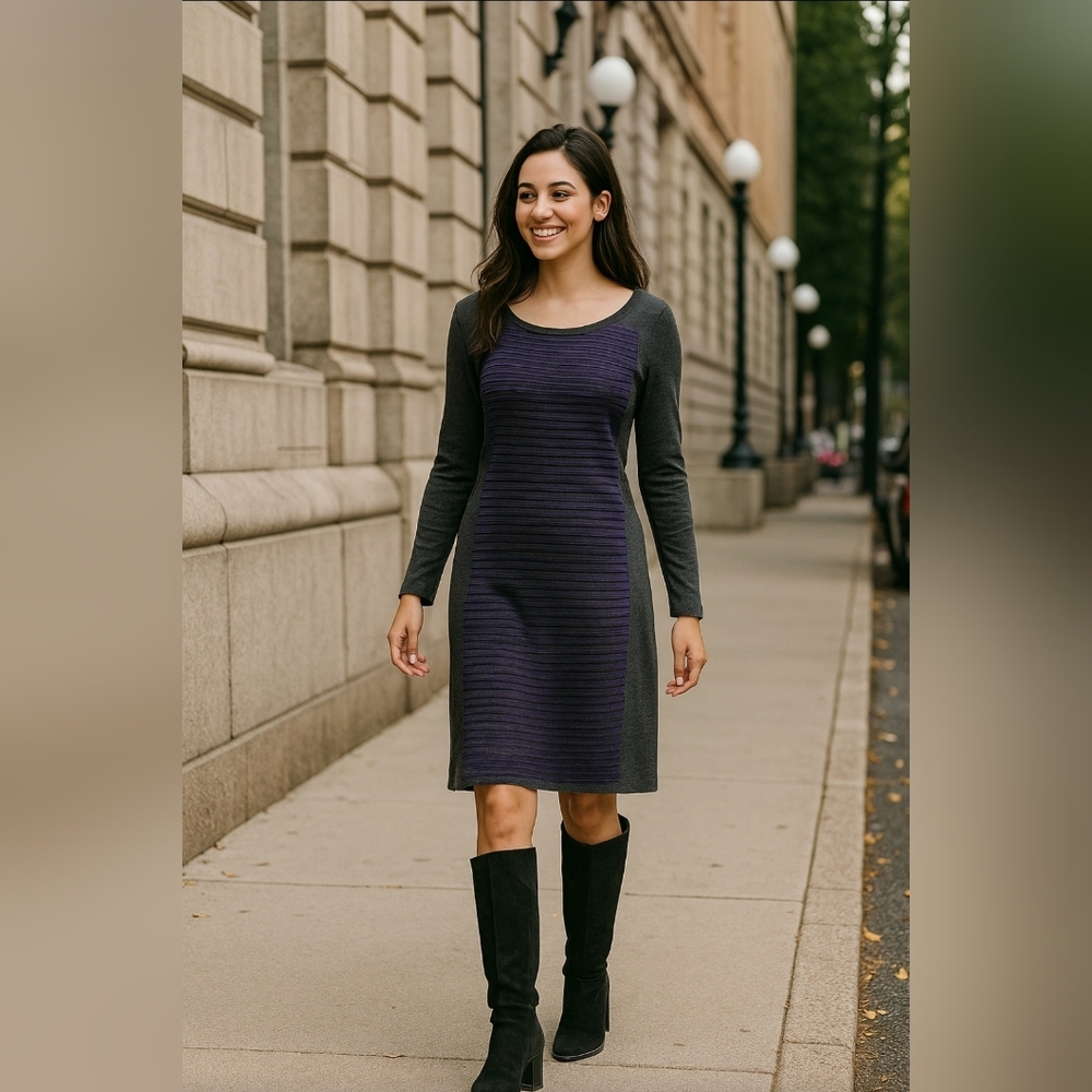 NEW Tribal Gray Purple Striped Long Sleeve Dress